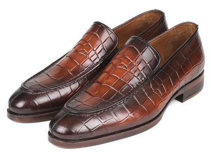 Paul Parkman Brown Burnished Crocodile Embossed Calfskin Loafer (ID