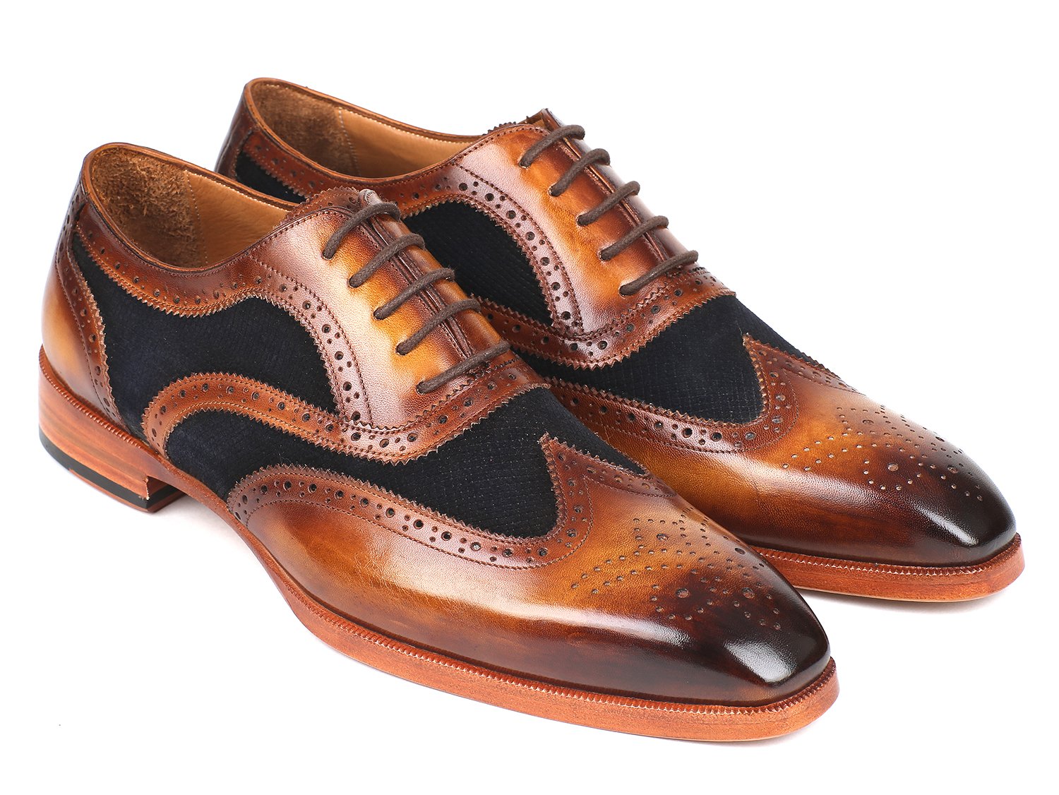 Paul Parkman Brown Leather &amp; Navy Suede Wingtip Oxfords (ID