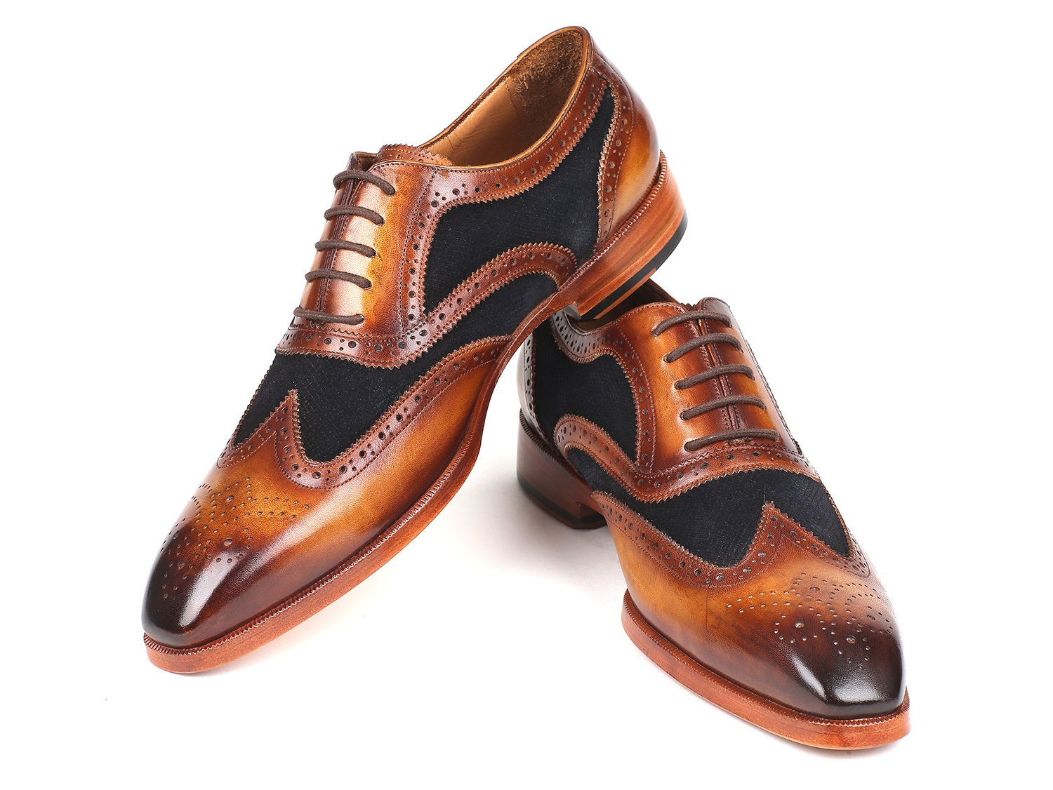 Paul Parkman Brown Leather &amp; Navy Suede Wingtip Oxfords (ID