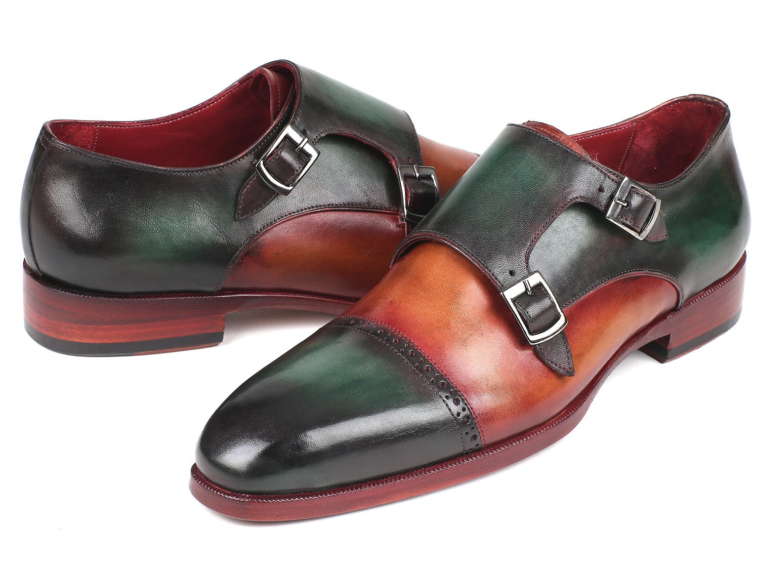 Paul Parkman Captoe Double Monkstraps Green &amp; Camel (ID