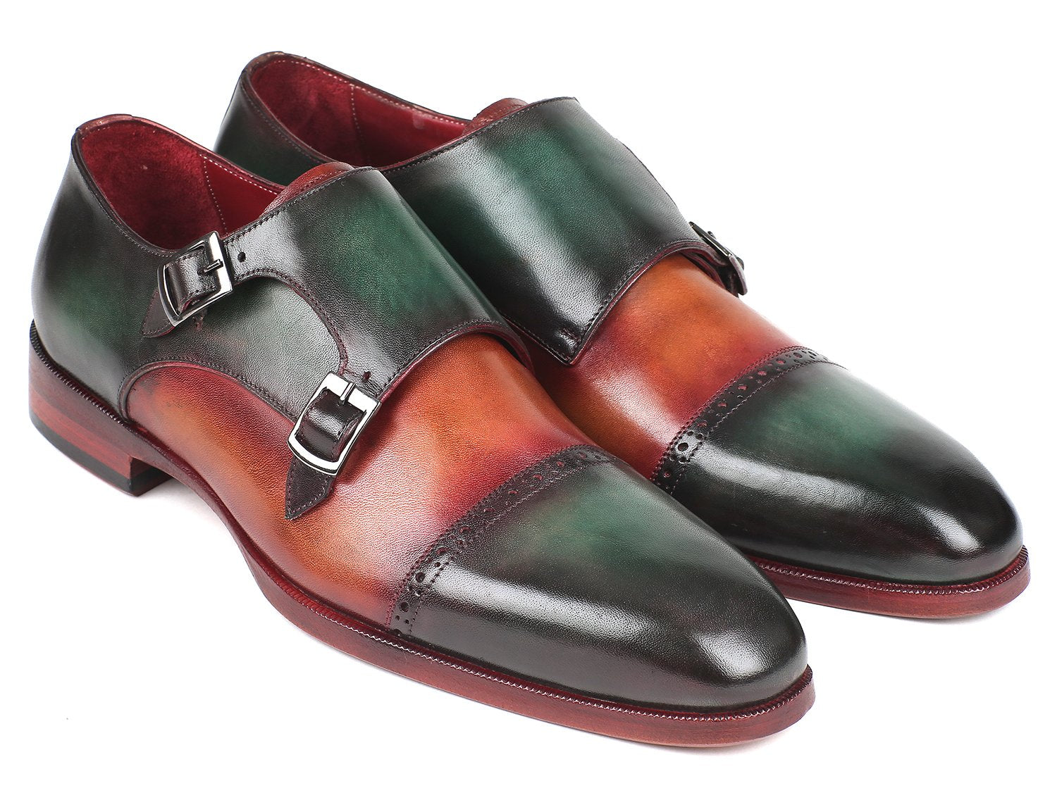 Paul Parkman Captoe Double Monkstraps Green &amp; Camel (ID