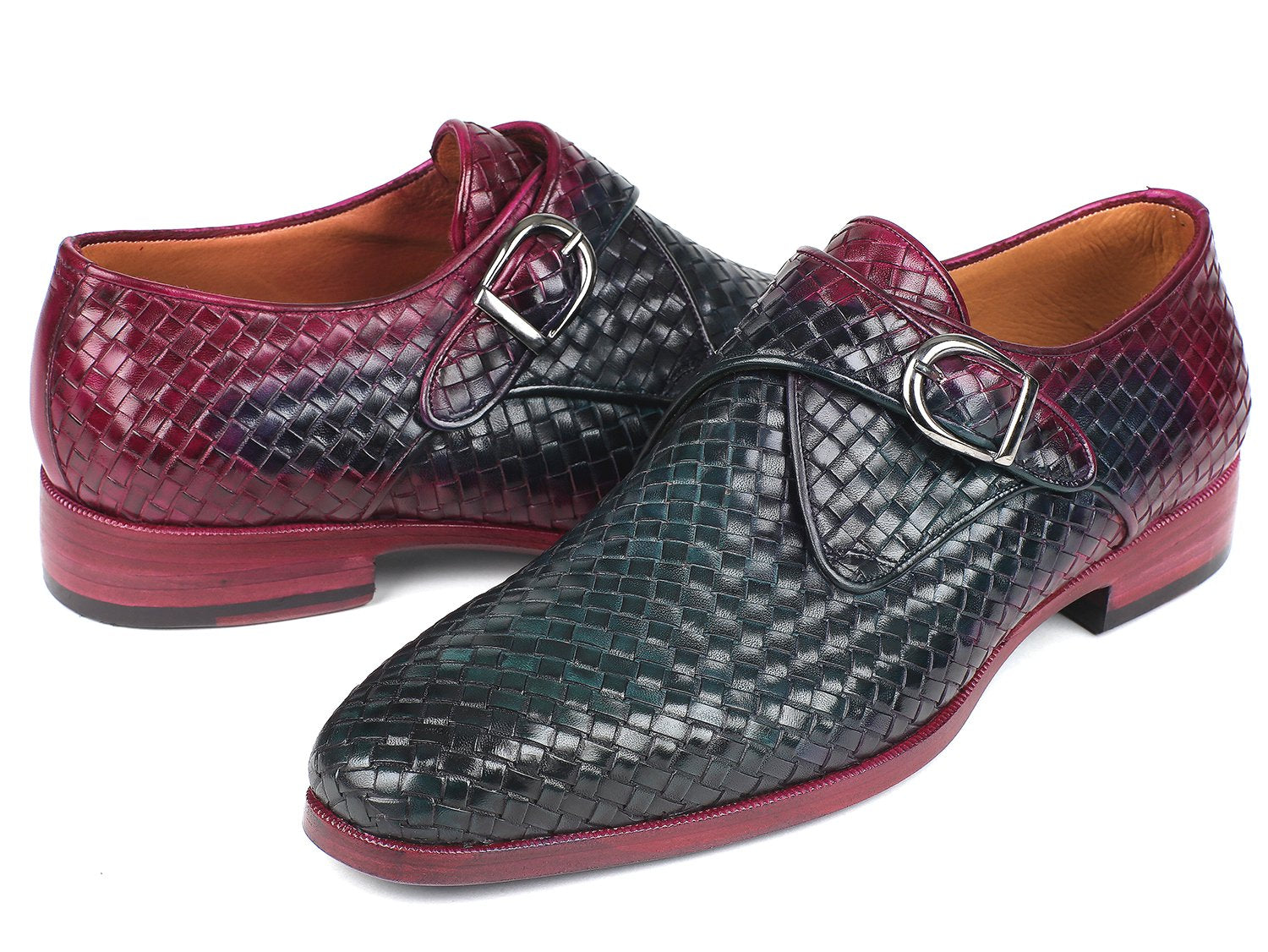 Paul Parkman Purple &amp; Green Woven Leather Single Monkstraps (ID