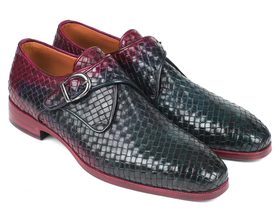 Paul Parkman Purple & Green Woven Leather Single Monkstraps (ID