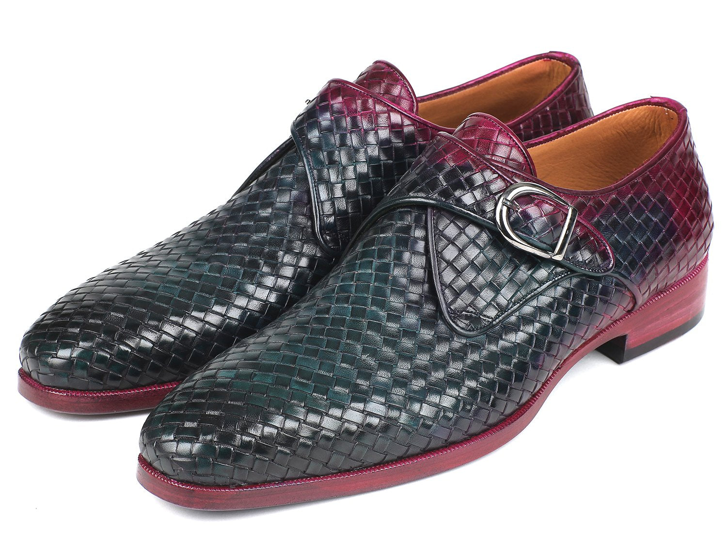 Paul Parkman Purple &amp; Green Woven Leather Single Monkstraps (ID