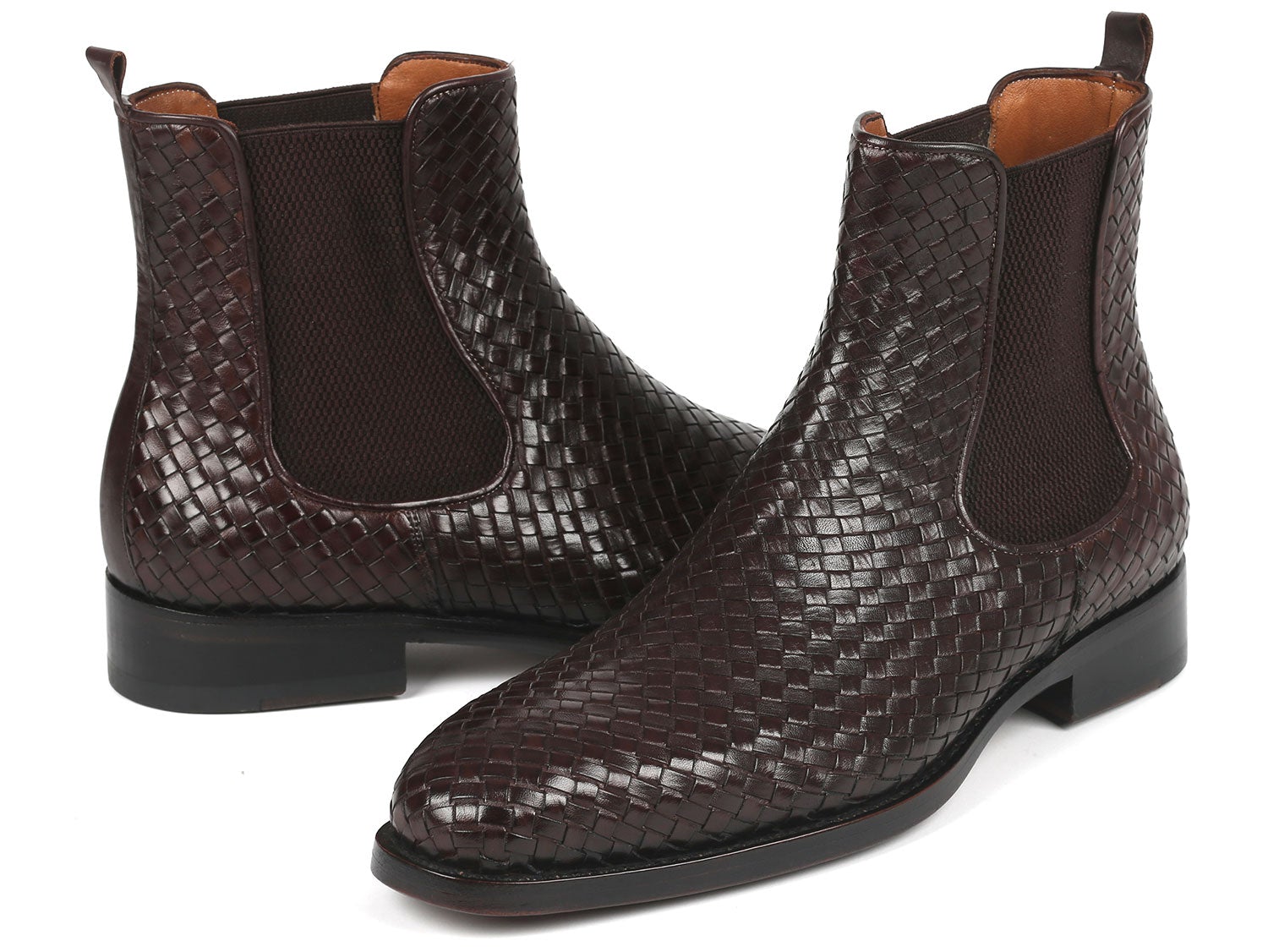 Paul Parkman Chocolate Brown Woven Leather Chelsea Boots (ID