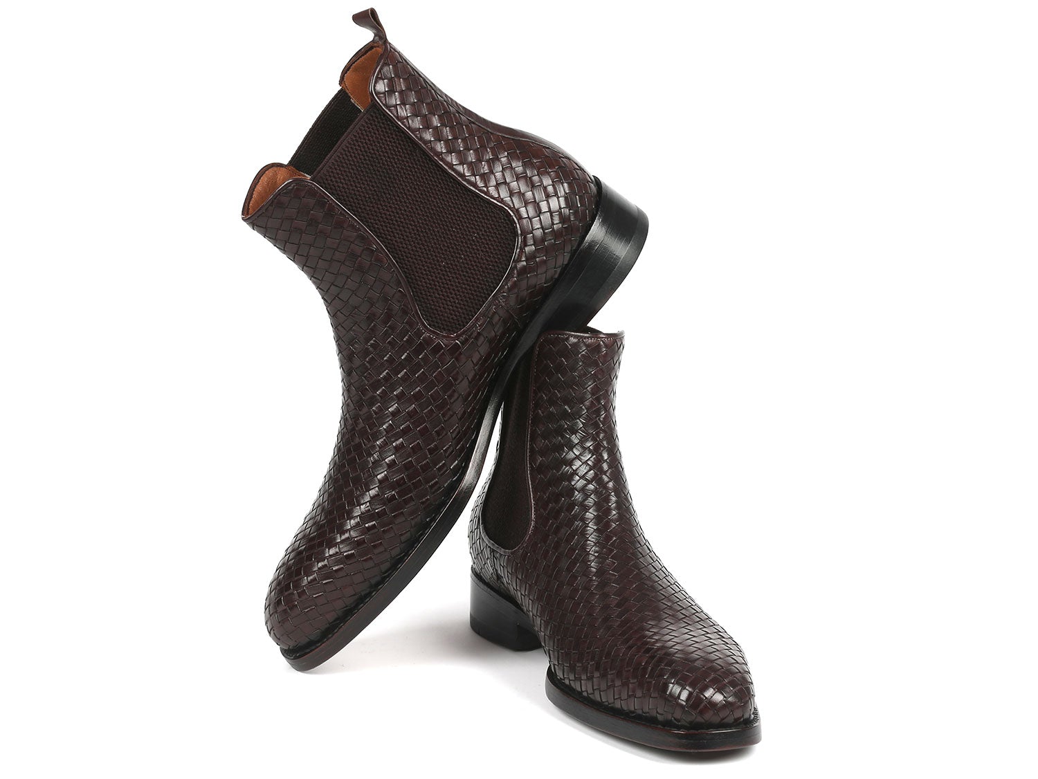 Paul Parkman Chocolate Brown Woven Leather Chelsea Boots (ID