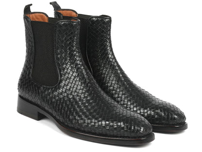 Paul Parkman Black Woven Leather Chelsea Boots (ID