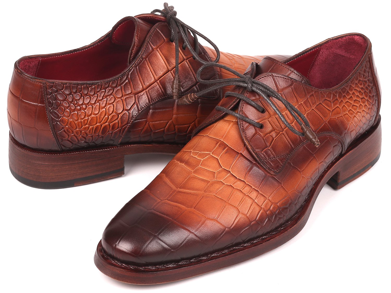 Paul Parkman Brown Crocodile Embossed Calfskin Goodyear Welted Derby Shoes (ID