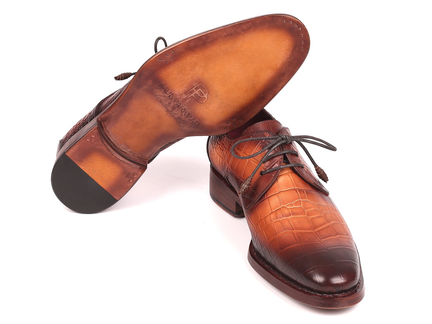 Paul Parkman Brown Crocodile Embossed Calfskin Goodyear Welted Derby Shoes (ID