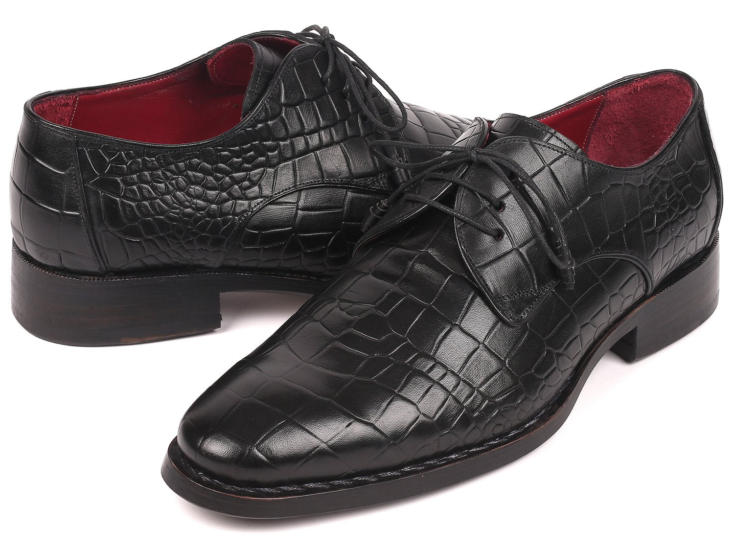 Paul Parkman Black Crocodile Embossed Calfskin Goodyear Welted Derby Shoes (ID