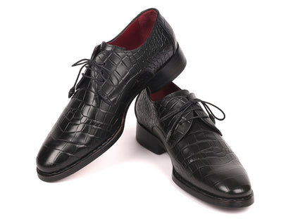 Paul Parkman Black Crocodile Embossed Calfskin Goodyear Welted Derby Shoes (ID