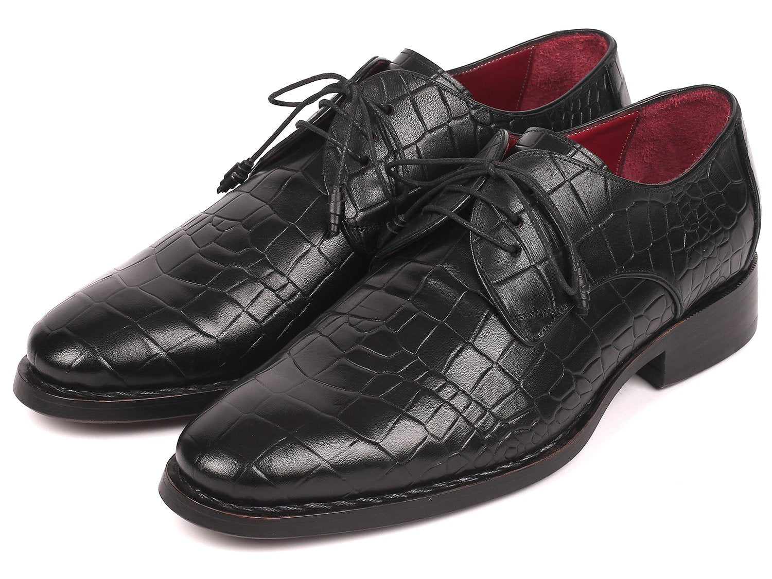 Paul Parkman Black Crocodile Embossed Calfskin Goodyear Welted Derby Shoes (ID