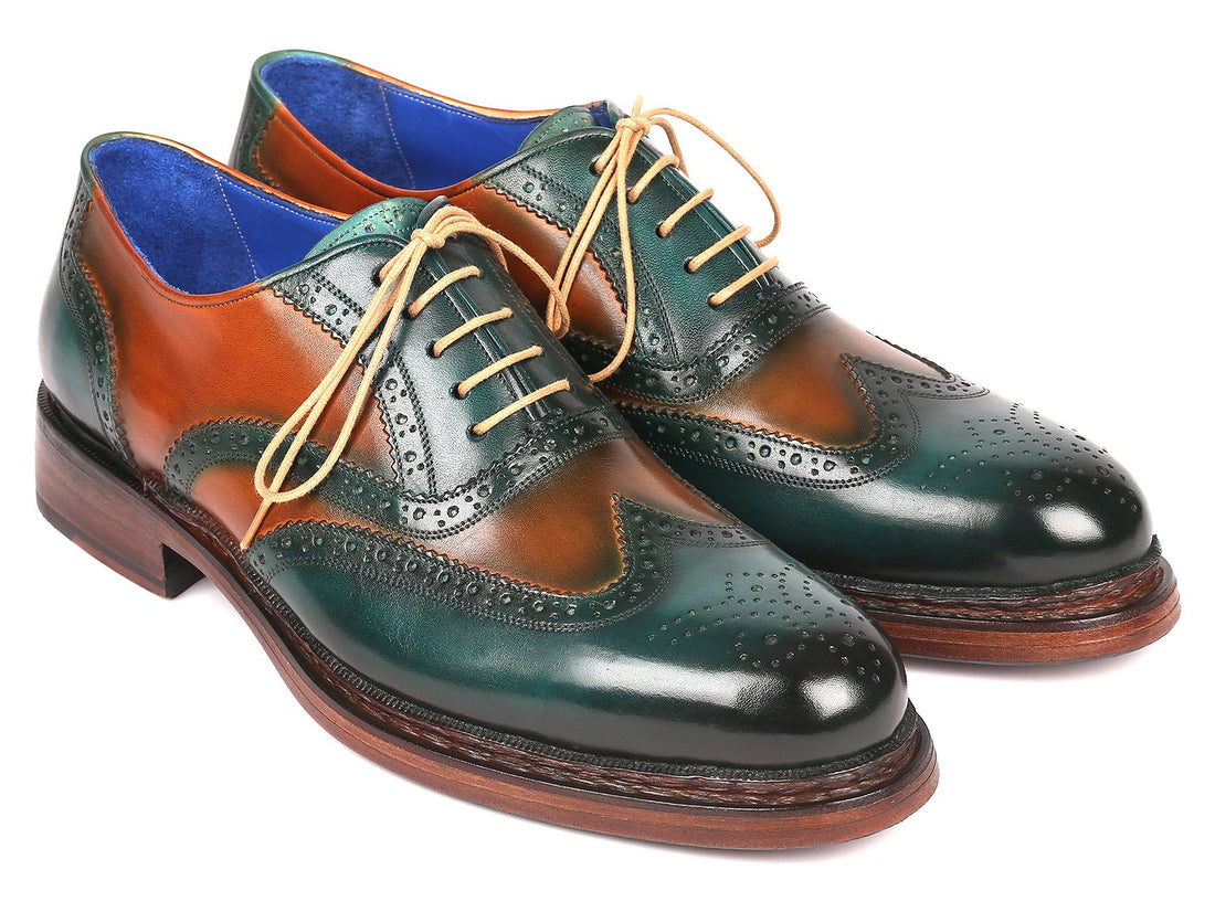 Paul Parkman Wingtip Oxfords Goodyear Welted Green &amp; Tobacco (ID