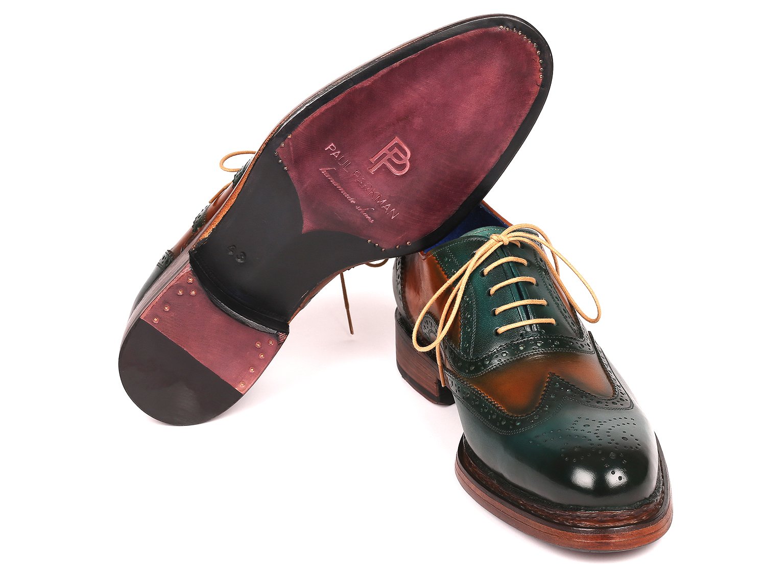 Paul Parkman Wingtip Oxfords Goodyear Welted Green &amp; Tobacco (ID
