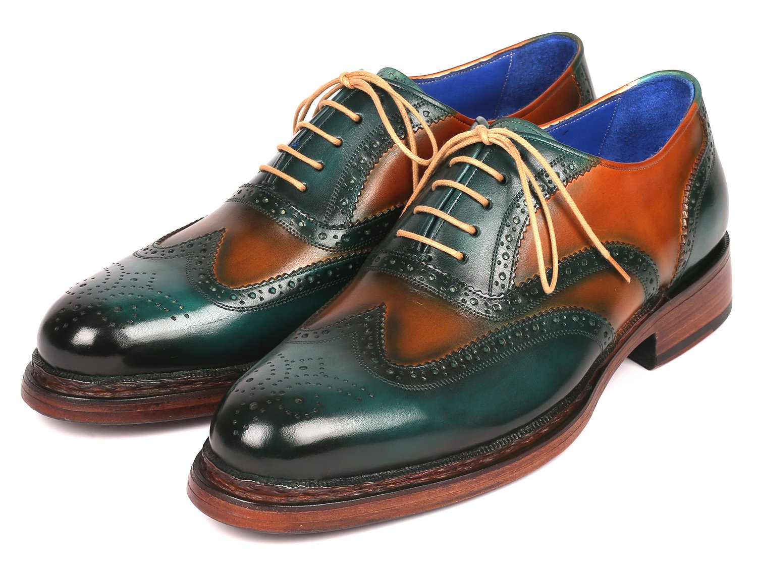 Paul Parkman Wingtip Oxfords Goodyear Welted Green &amp; Tobacco (ID