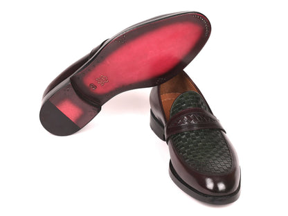 Paul Parkman Woven Leather Loafers Brown &amp; Green (ID