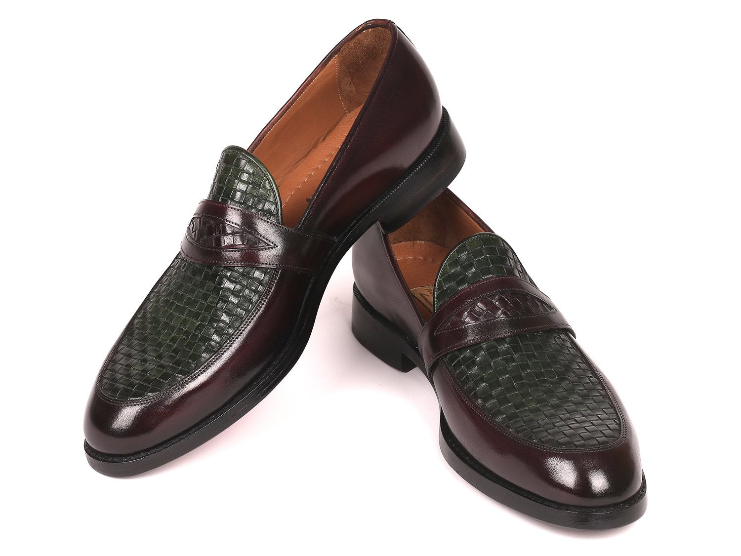 Paul Parkman Woven Leather Loafers Brown &amp; Green (ID