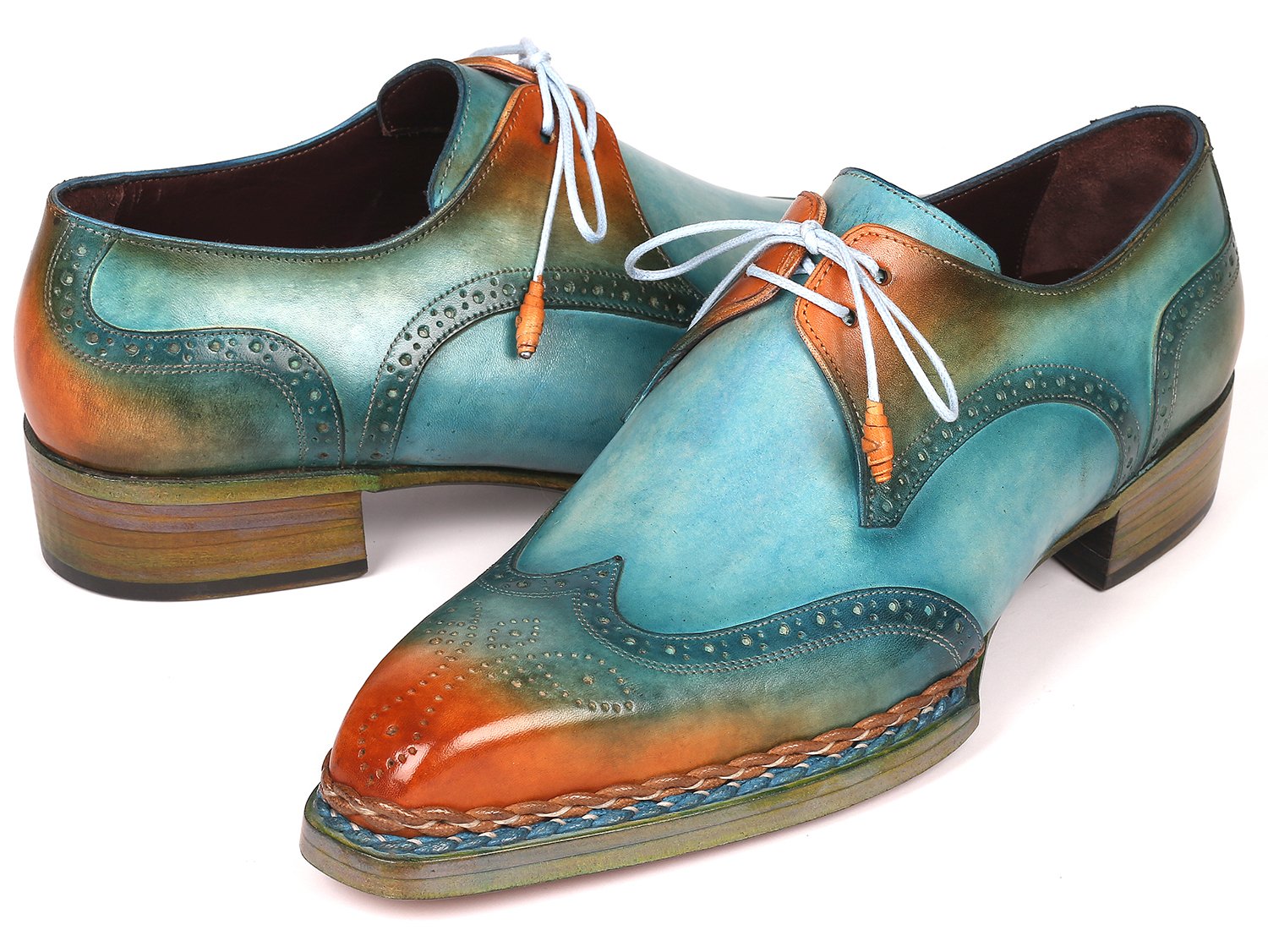 Paul Parkman Norwegian Welted Wingtip Derby Shoes Turquoise &amp; Tobacco (ID