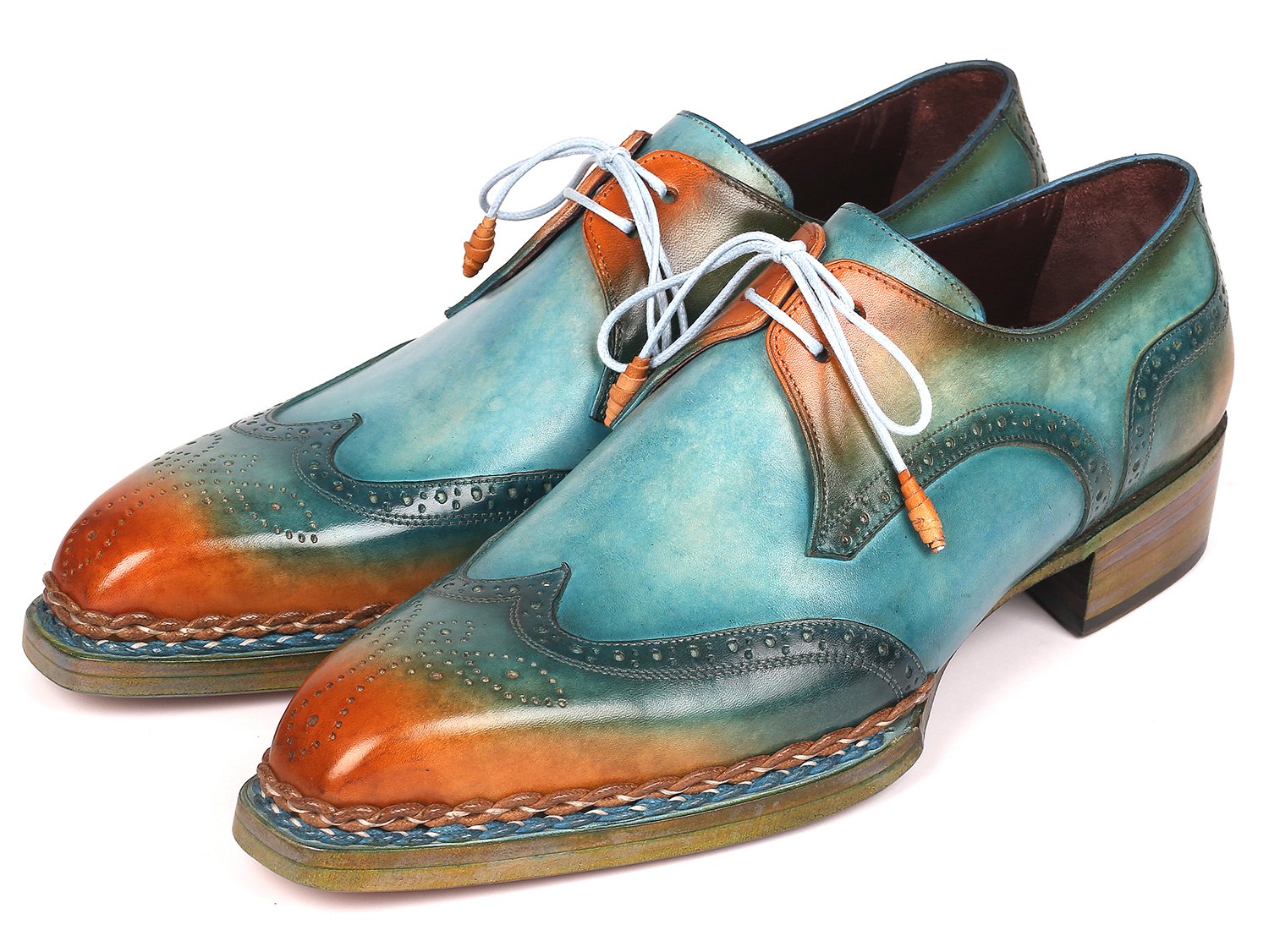 Paul Parkman Norwegian Welted Wingtip Derby Shoes Turquoise &amp; Tobacco (ID