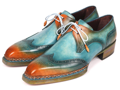 Paul Parkman Norwegian Welted Wingtip Derby Shoes Turquoise &amp; Tobacco (ID