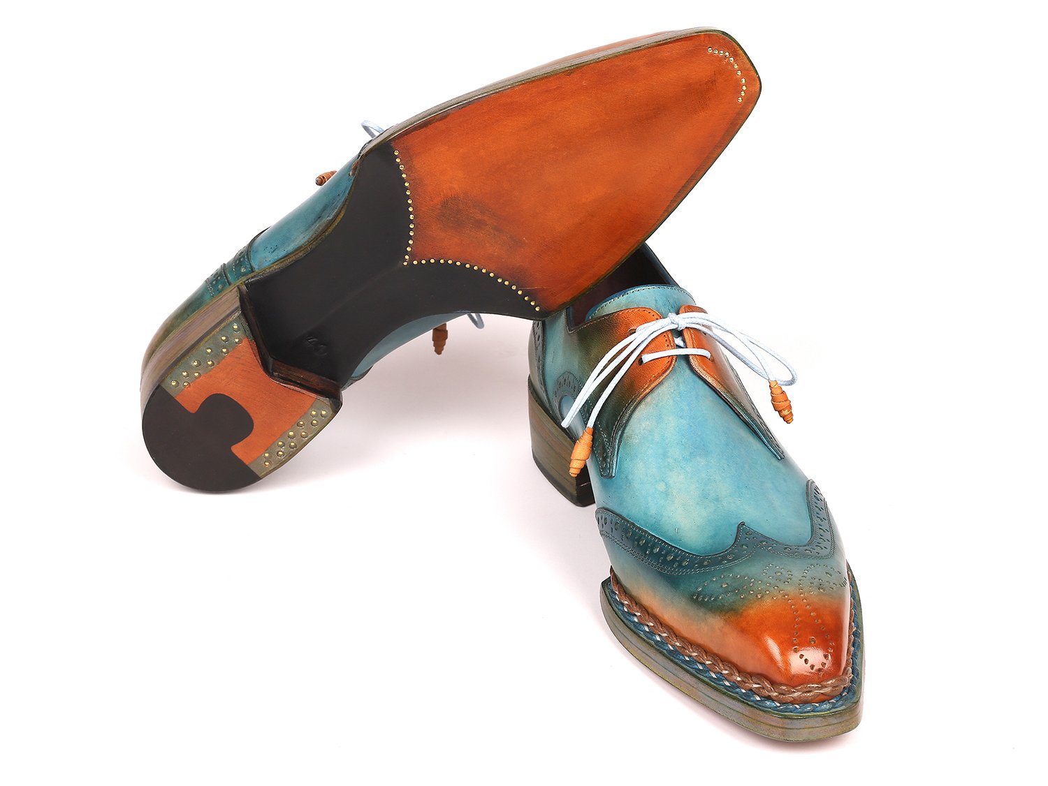 Paul Parkman Norwegian Welted Wingtip Derby Shoes Turquoise &amp; Tobacco (ID