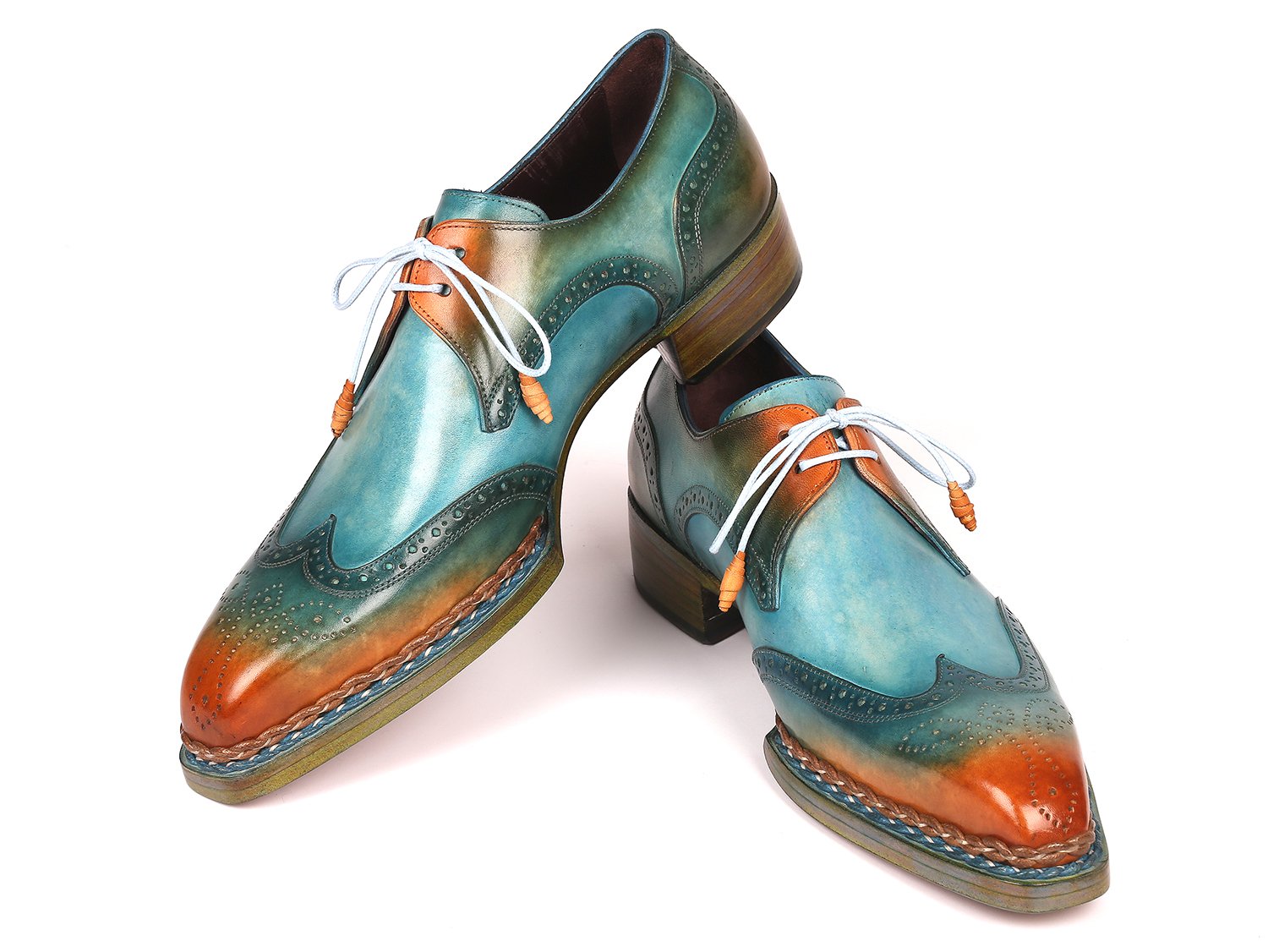 Paul Parkman Norwegian Welted Wingtip Derby Shoes Turquoise &amp; Tobacco (ID