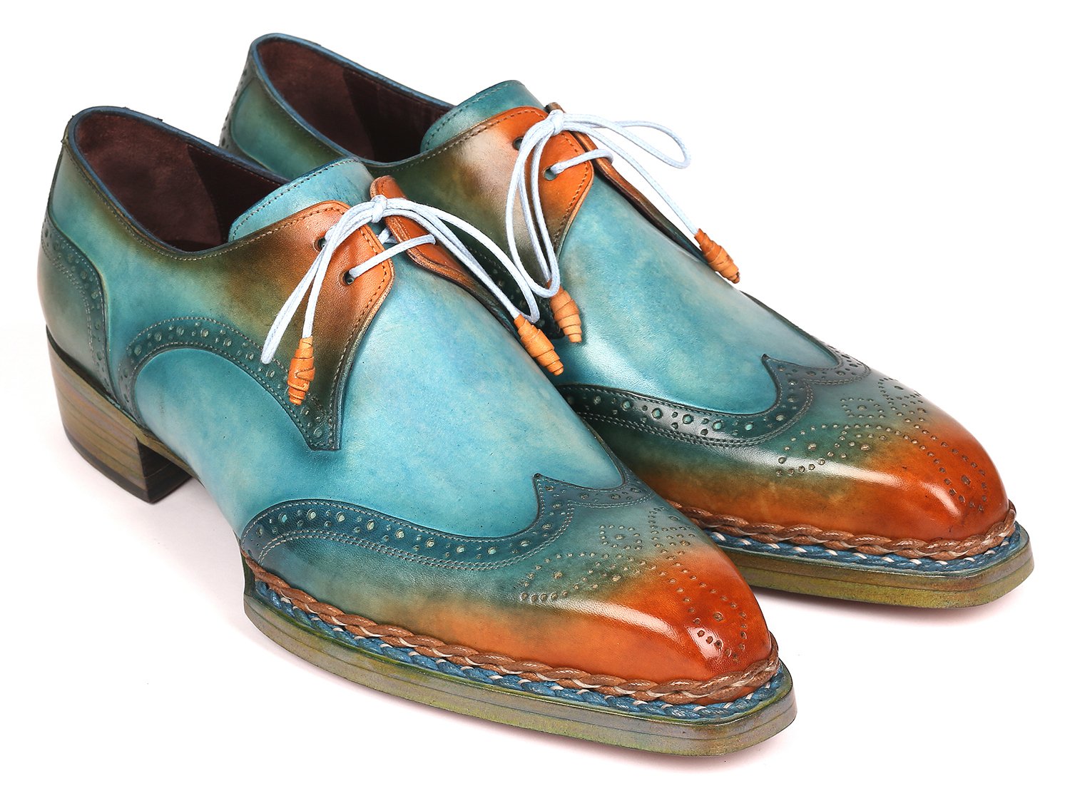 Paul Parkman Norwegian Welted Wingtip Derby Shoes Turquoise &amp; Tobacco (ID