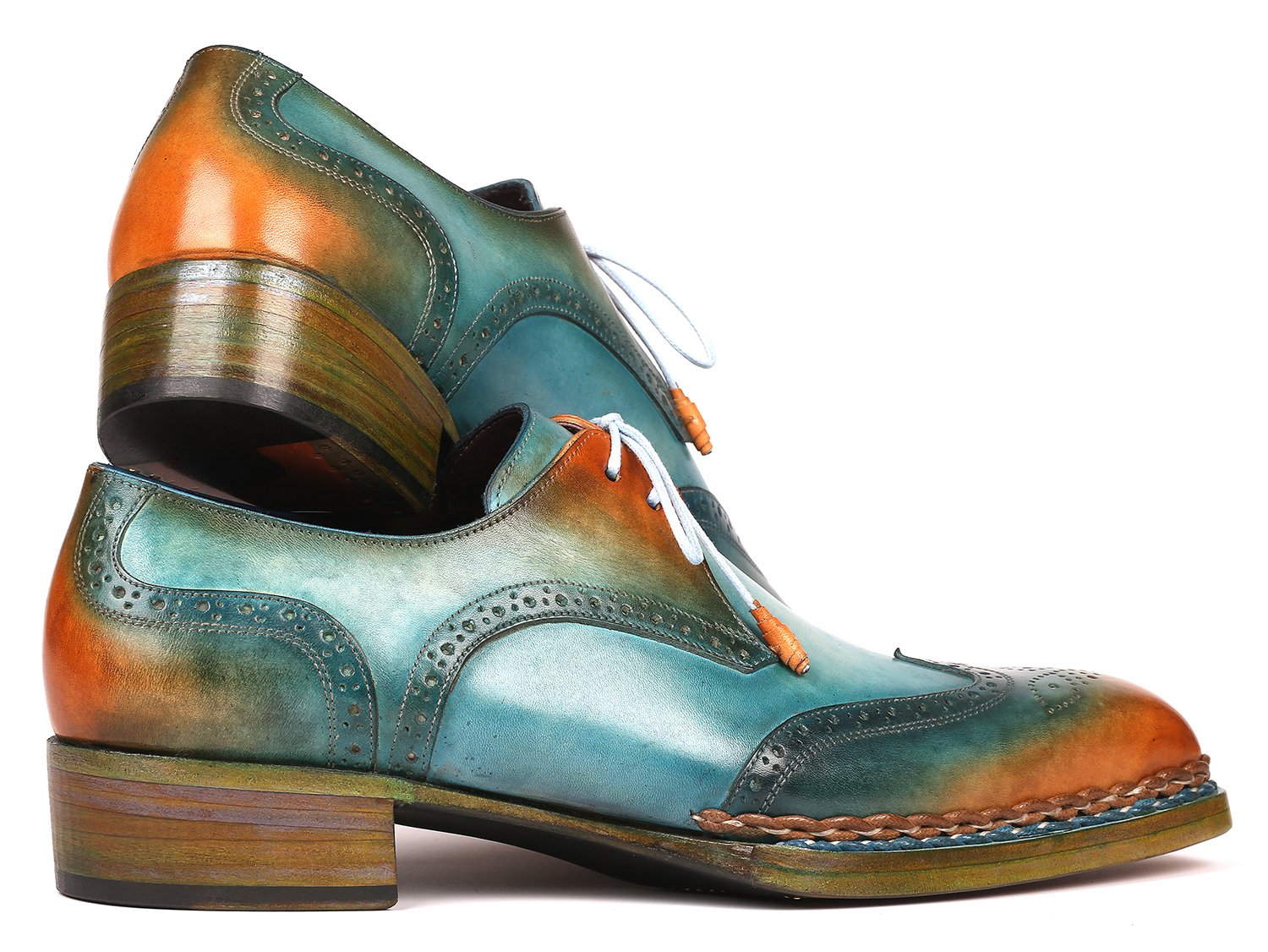 Paul Parkman Norwegian Welted Wingtip Derby Shoes Turquoise &amp; Tobacco (ID