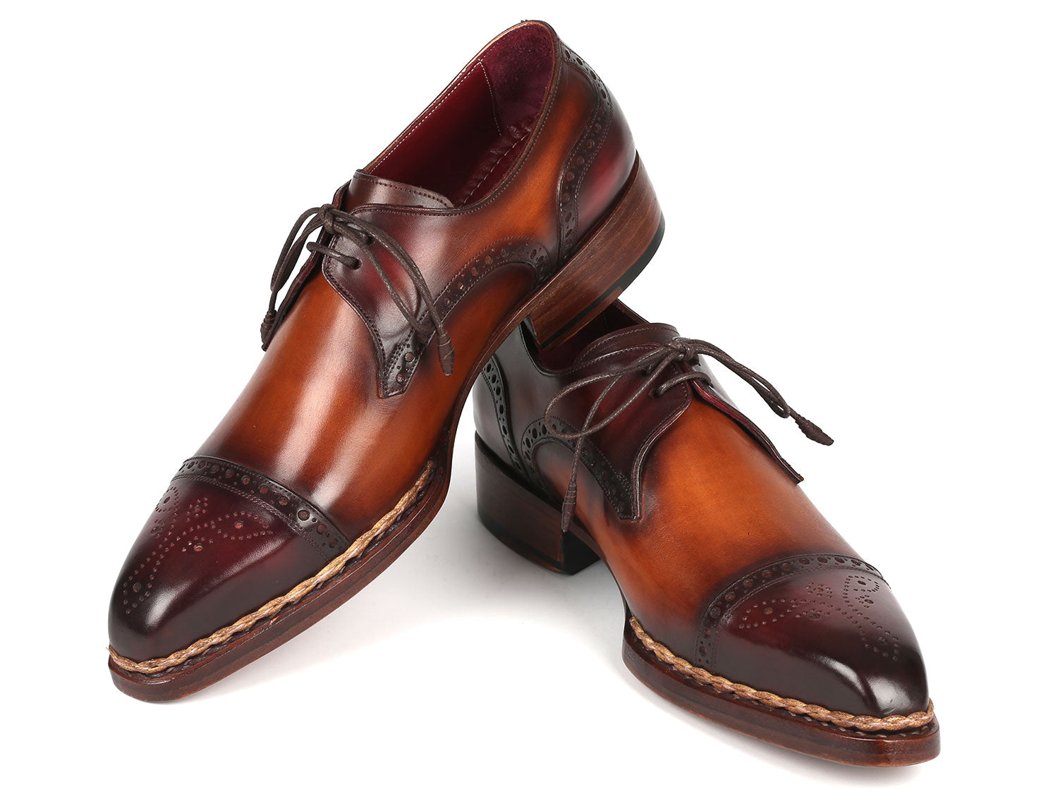 Paul Parkman Norwegian Welted Cap Toe Derby Shoes Bordeaux &amp; Brown (ID