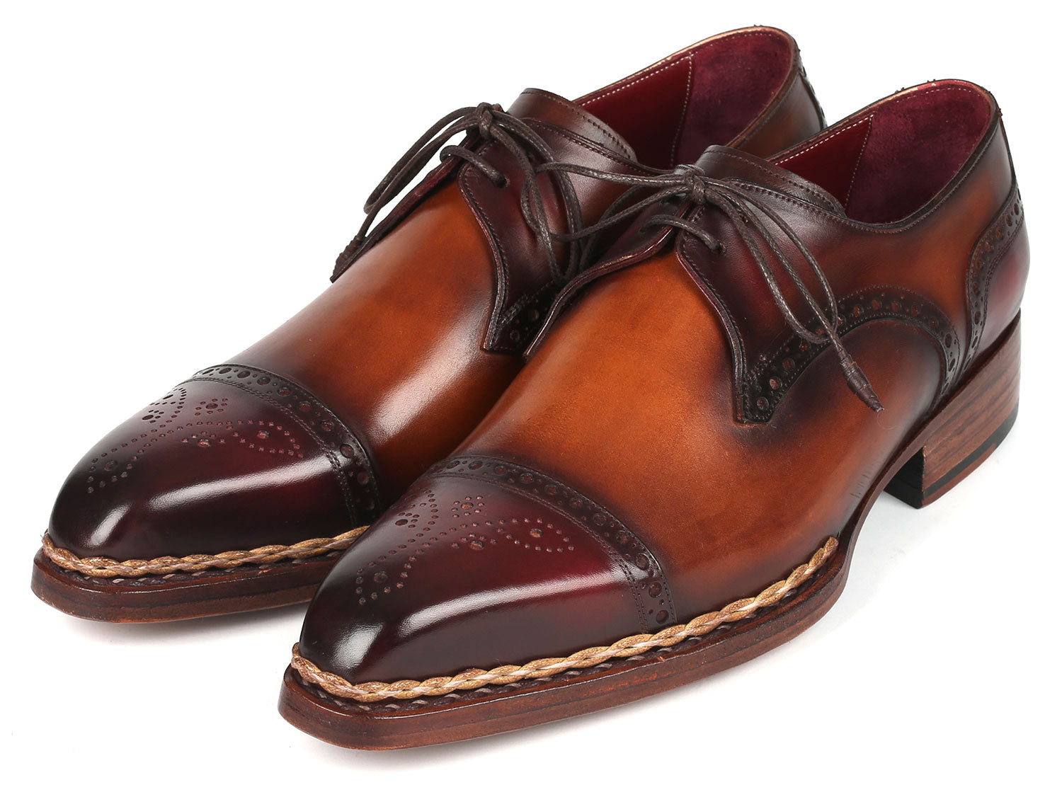 Paul Parkman Norwegian Welted Cap Toe Derby Shoes Bordeaux &amp; Brown (ID