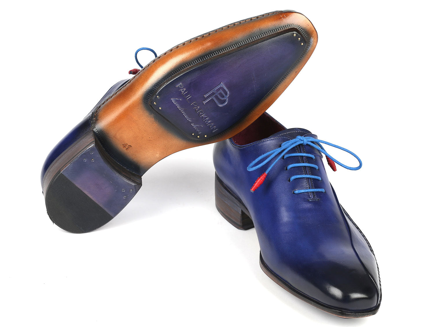 Paul Parkman Blue Leather Oxford Shoes Side Hand-Sewn (ID