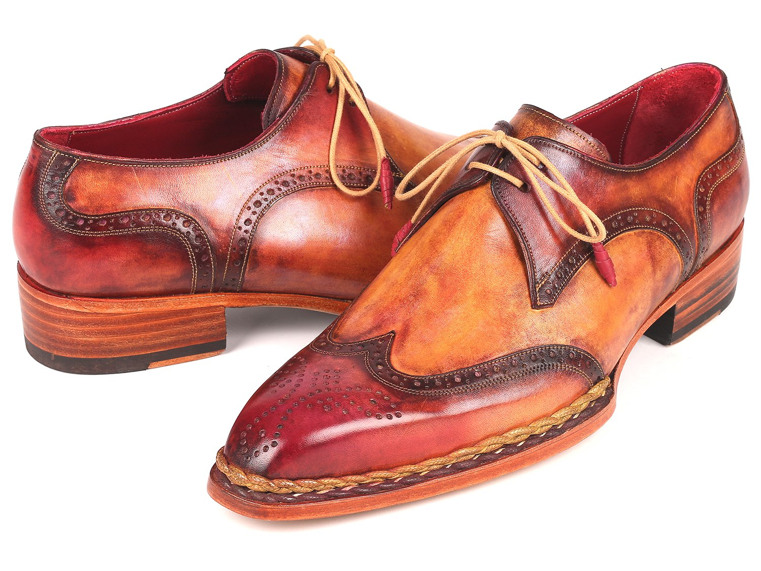 Paul Parkman Norwegian Welted Wingtip Derby Shoes Red &amp; Camel (ID