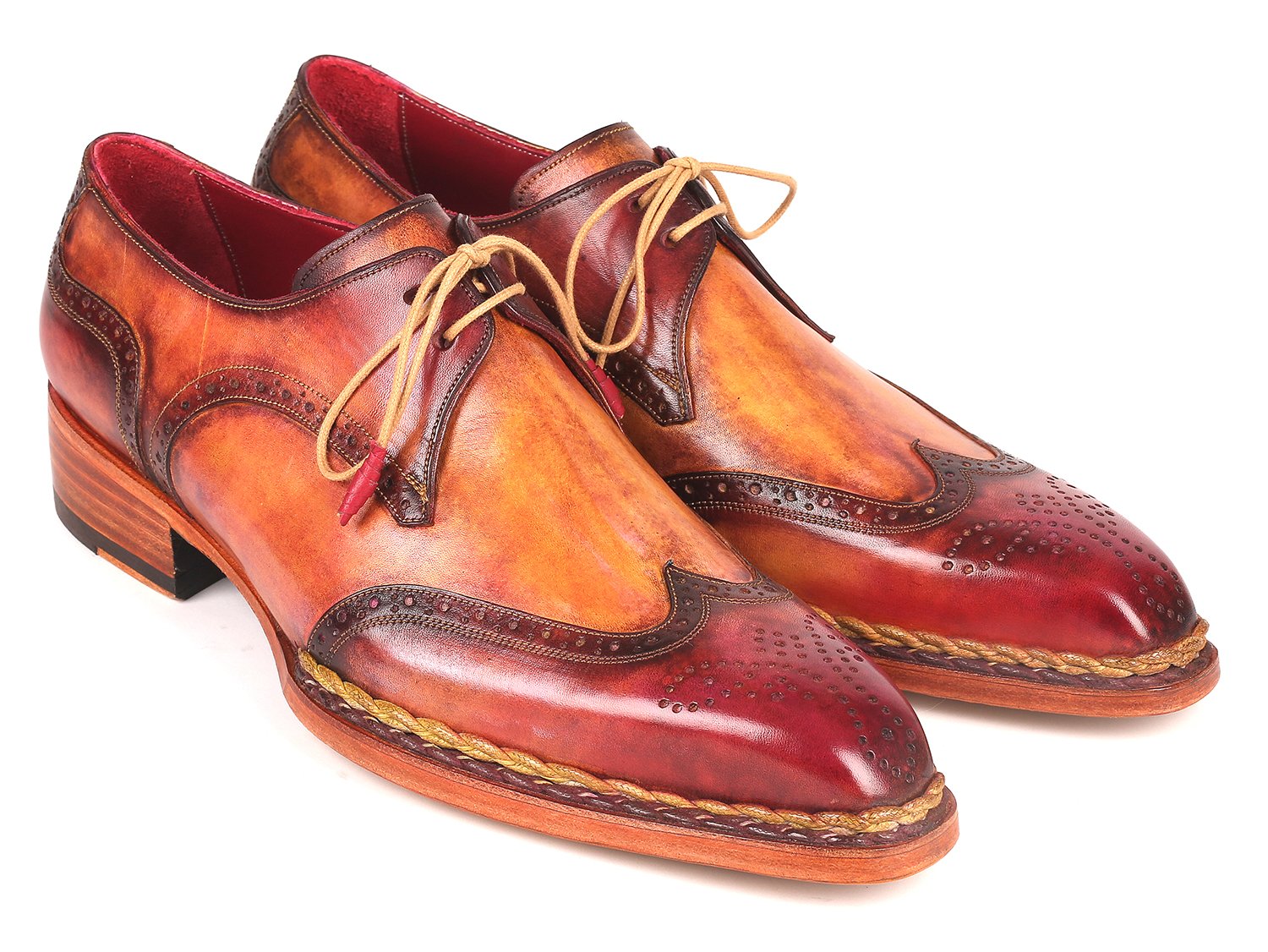 Paul Parkman Norwegian Welted Wingtip Derby Shoes Red &amp; Camel (ID