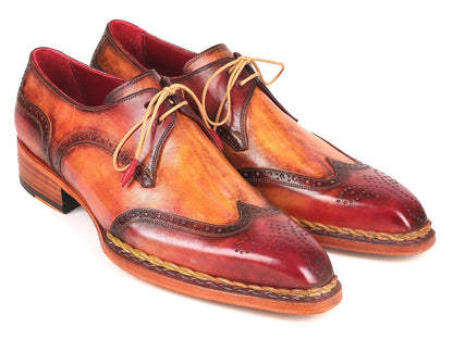 Paul Parkman Norwegian Welted Wingtip Derby Shoes Red &amp; Camel (ID