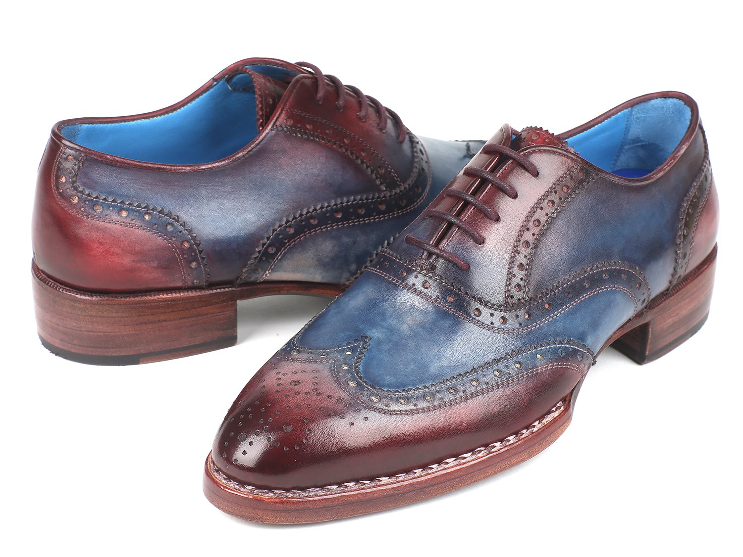 Paul Parkman Goodyear Welted Two Tone Wingtip Oxfords Blue &amp; Bordeaux (ID