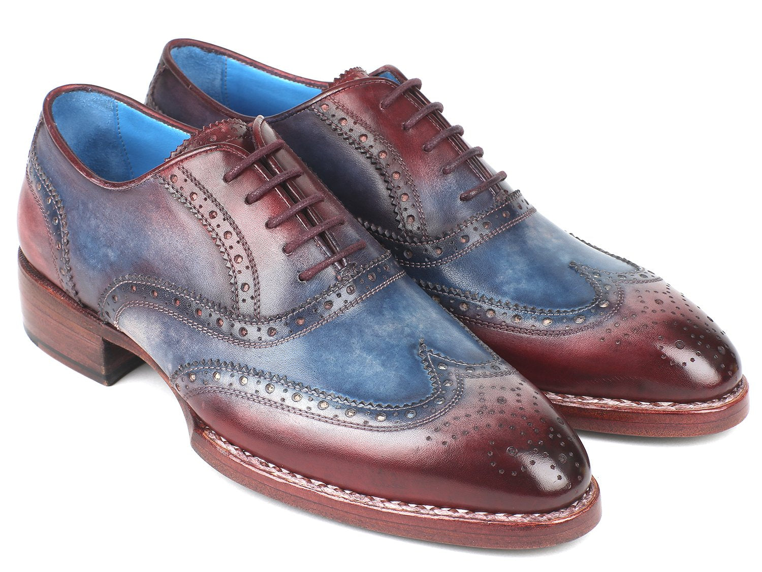 Paul Parkman Goodyear Welted Two Tone Wingtip Oxfords Blue &amp; Bordeaux (ID