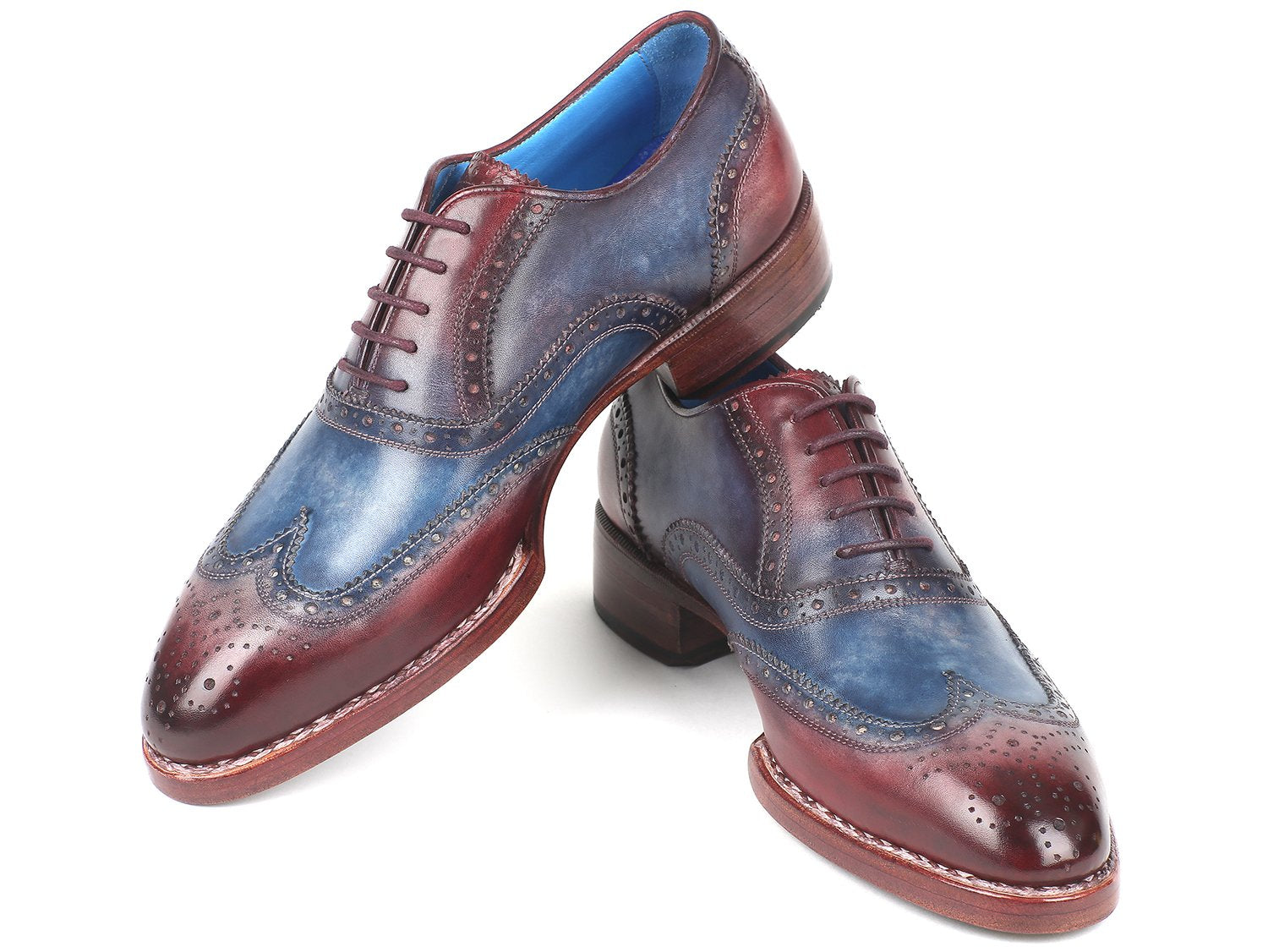 Paul Parkman Goodyear Welted Two Tone Wingtip Oxfords Blue &amp; Bordeaux (ID