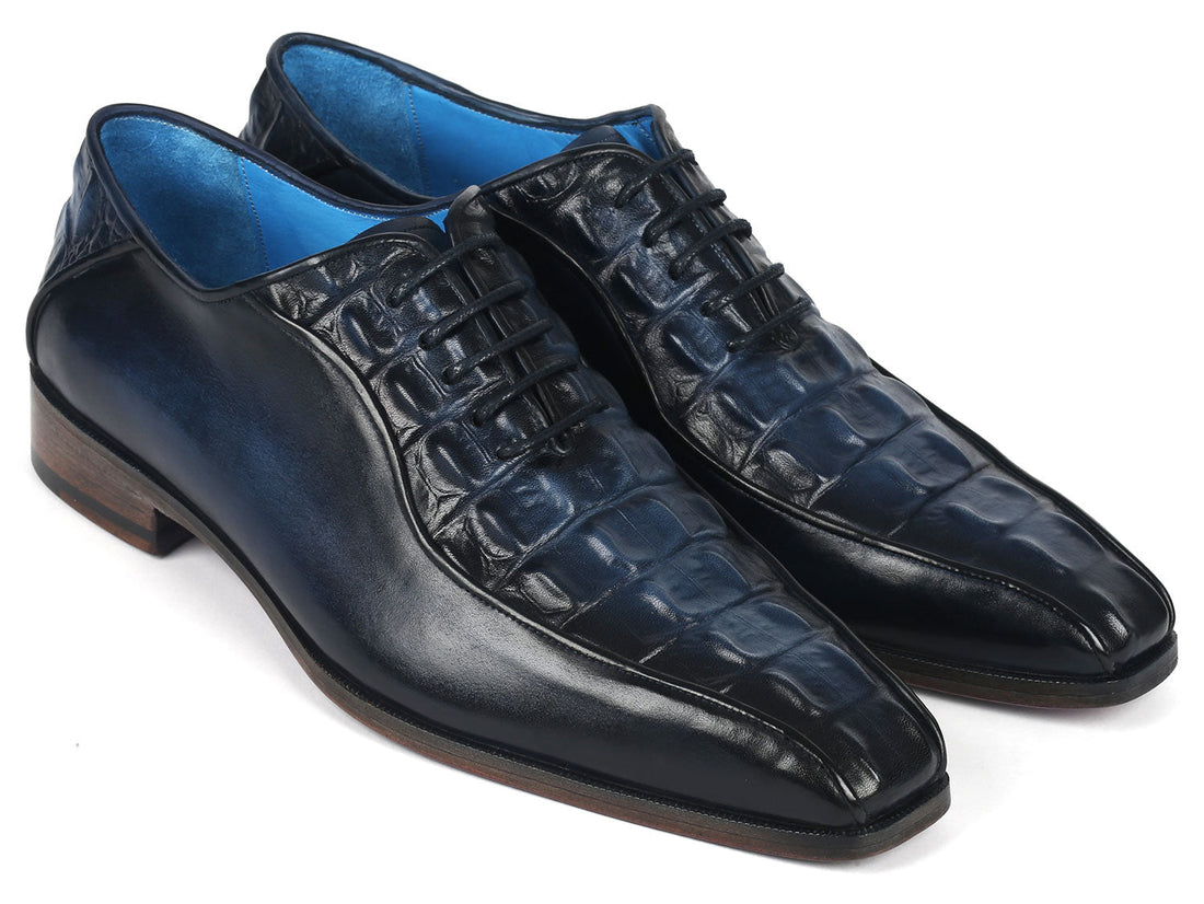 Paul Parkman Navy Croco Textured Leather Bicycle Toe Oxfords (ID