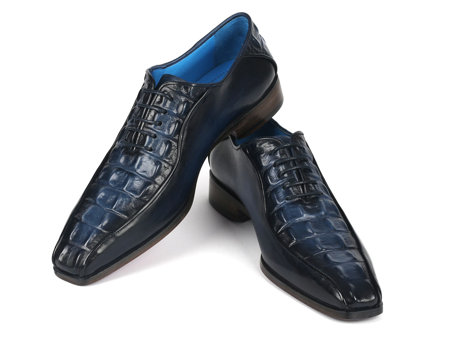 Paul Parkman Navy Croco Textured Leather Bicycle Toe Oxfords (ID