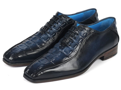 Paul Parkman Navy Croco Textured Leather Bicycle Toe Oxfords (ID