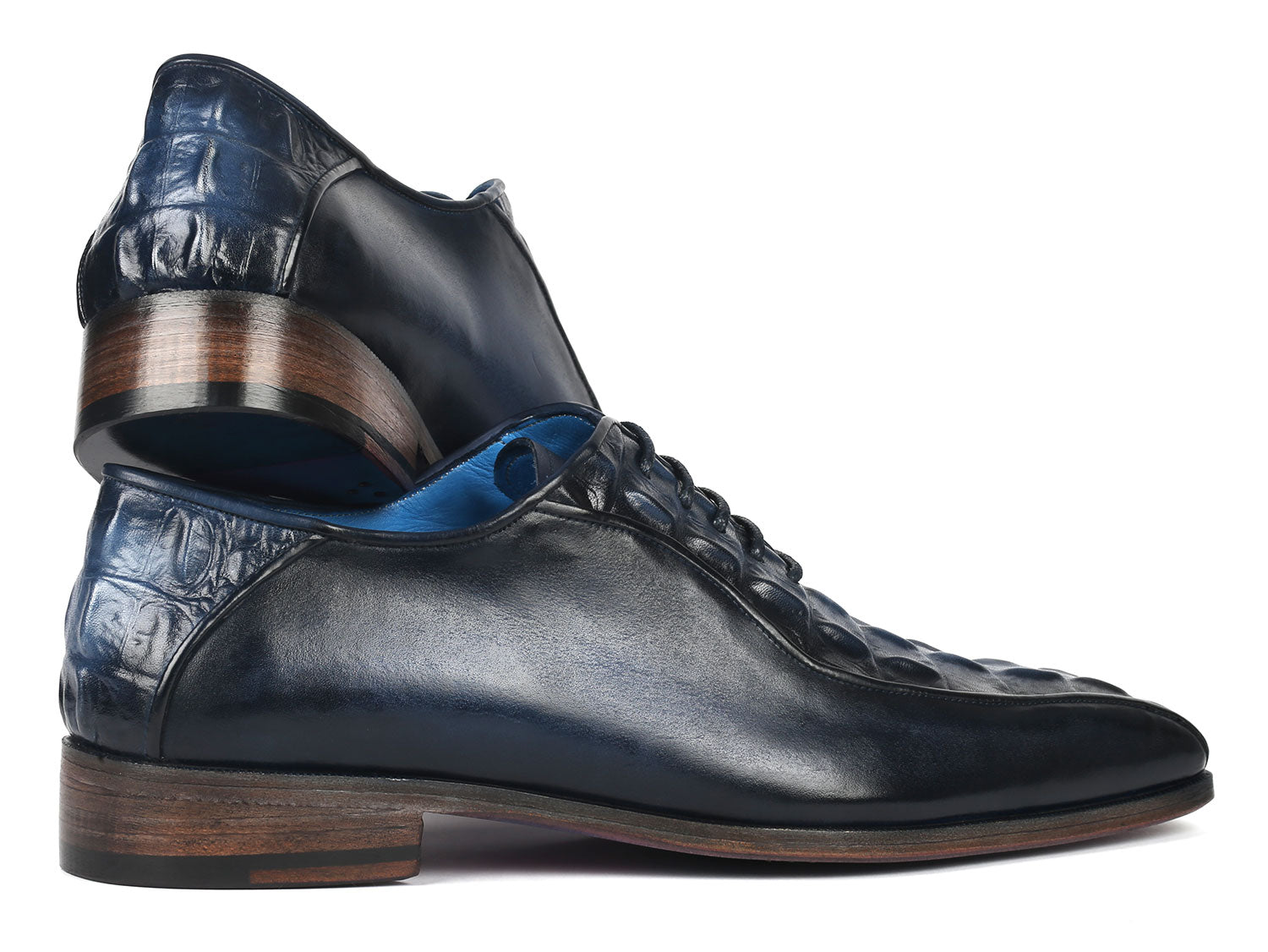 Paul Parkman Navy Croco Textured Leather Bicycle Toe Oxfords (ID