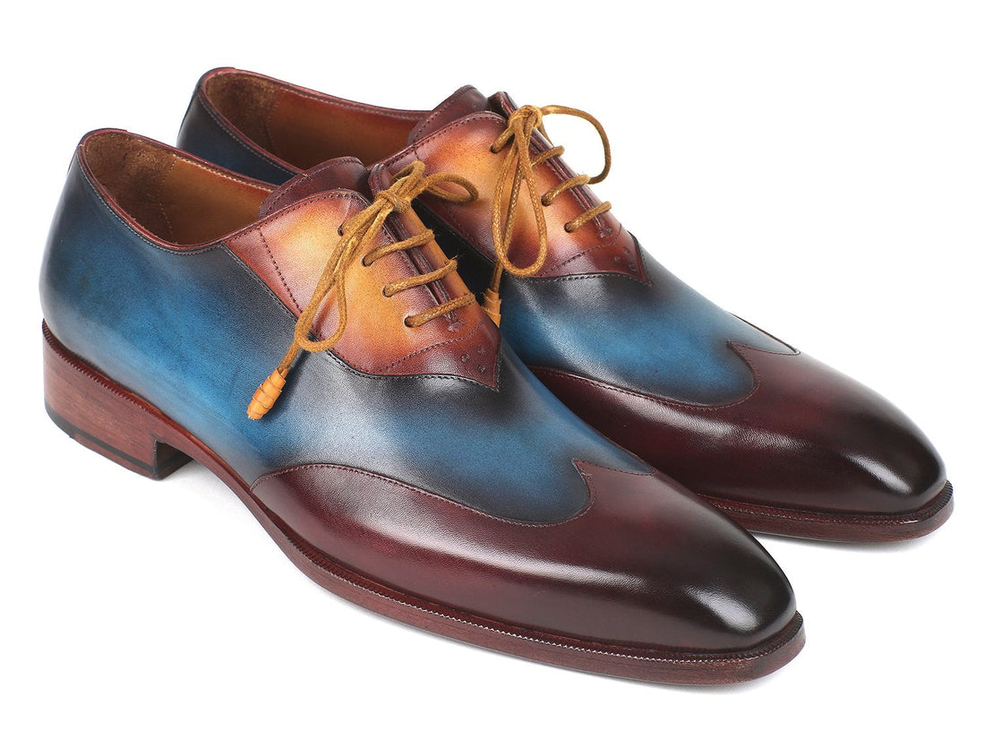 Paul Parkman Three Tone Wingtip Oxfords Bordeaux &amp; Blue &amp; Camel (ID