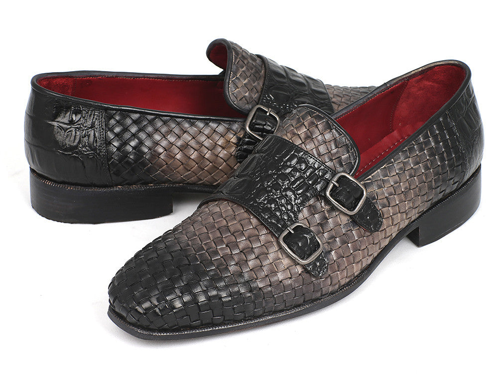 Paul Parkman Gray Woven &amp; Croc Embossed Monkstraps (ID