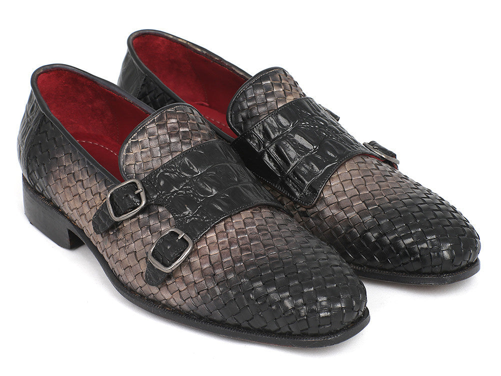 Paul Parkman Gray Woven & Croc Embossed Monkstraps (ID
