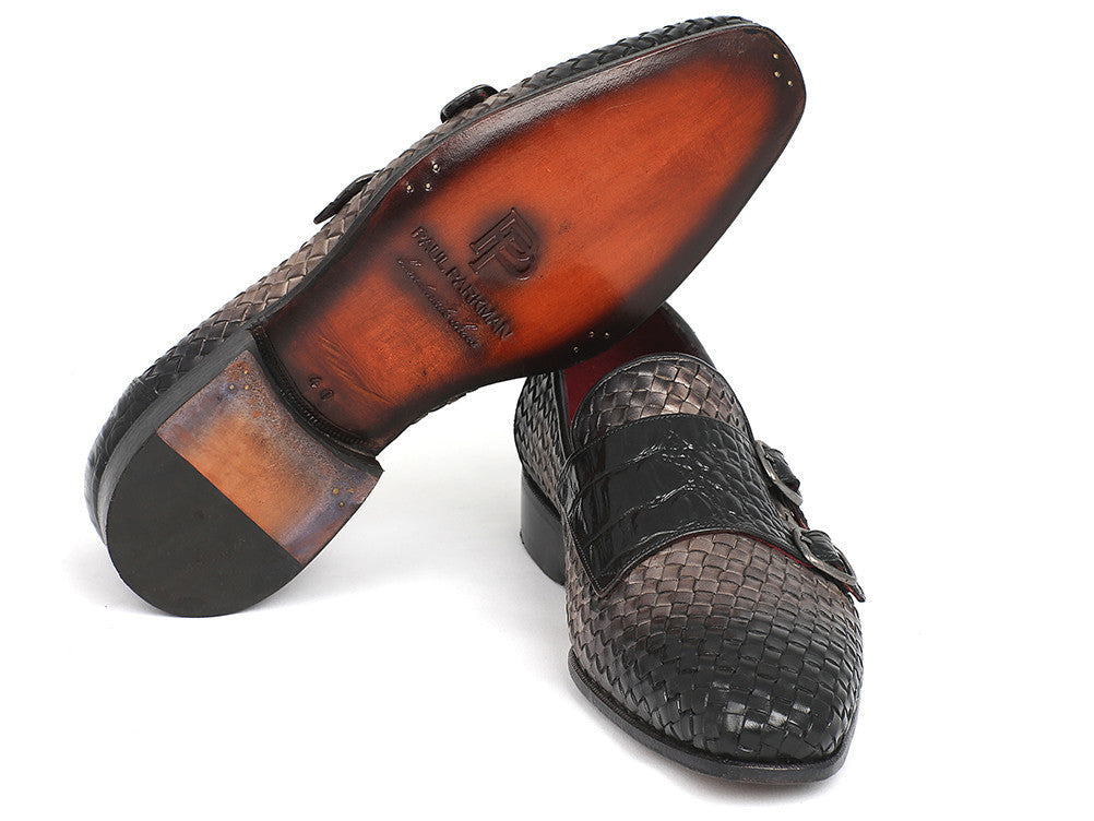 Paul Parkman Gray Woven &amp; Croc Embossed Monkstraps (ID