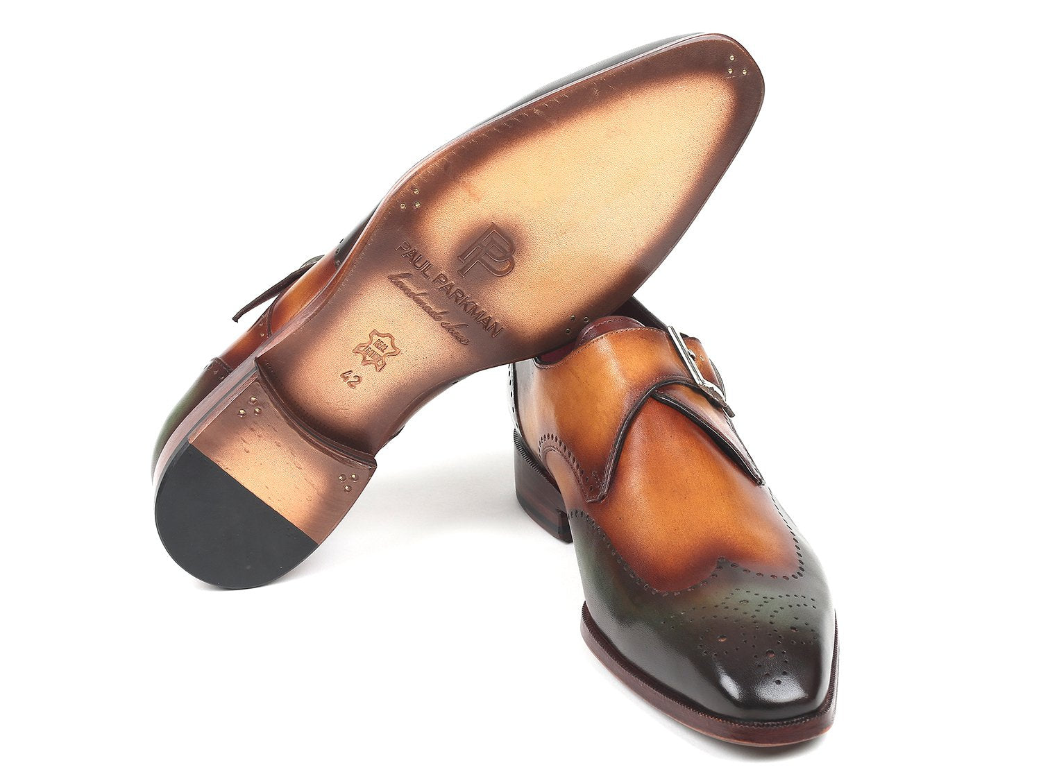 Paul Parkman Single Monkstraps Green &amp; Camel (ID