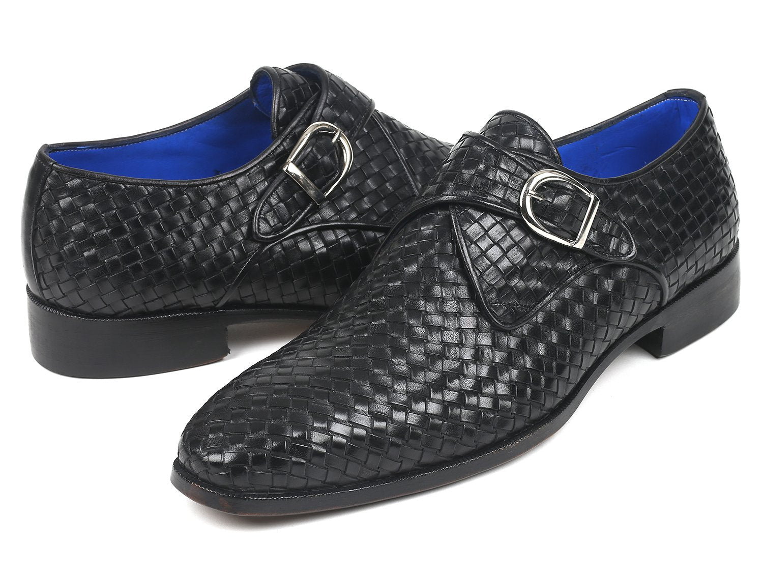 Paul Parkman Black Woven Leather Single Monkstraps (ID