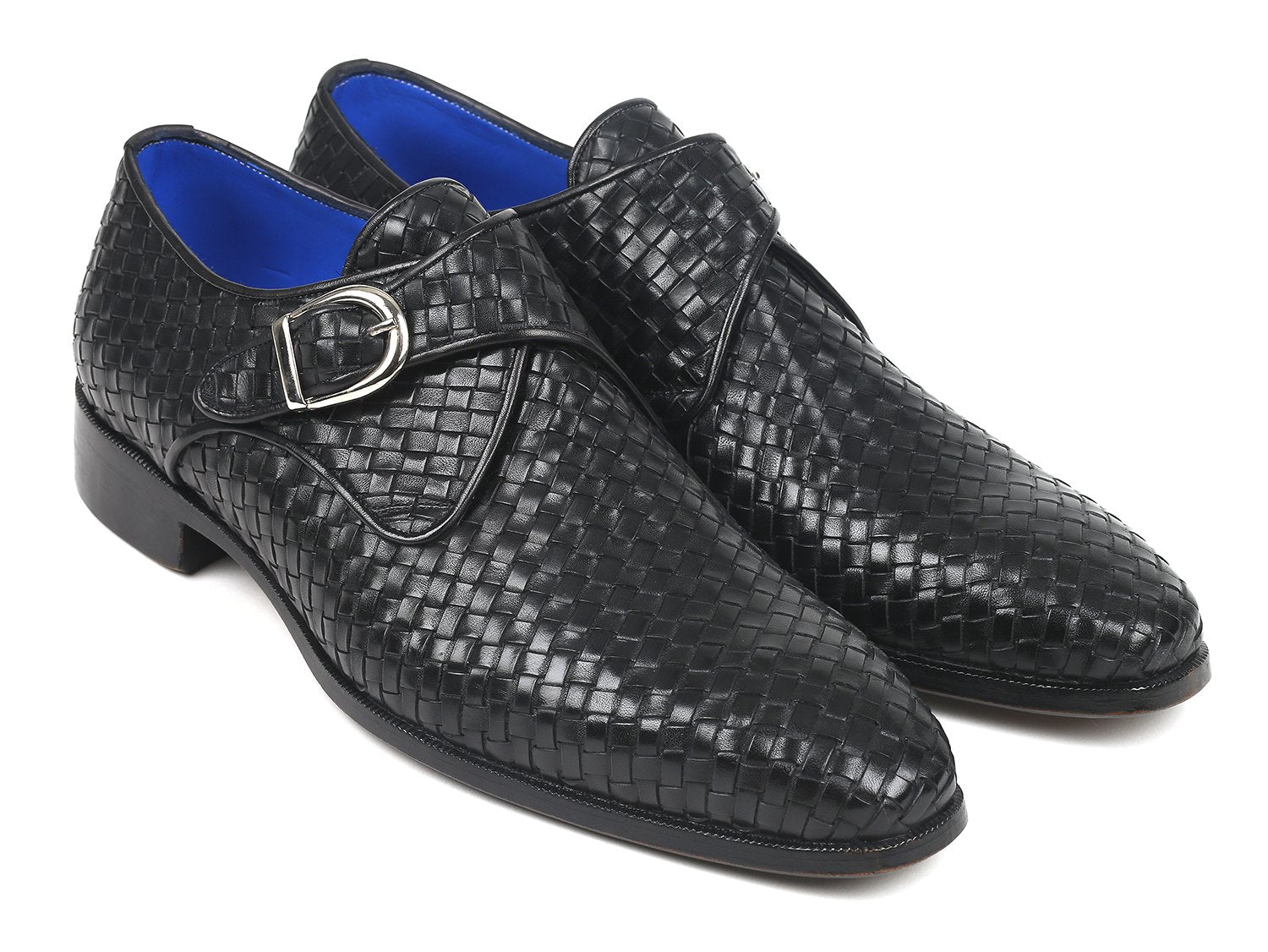 Paul Parkman Black Woven Leather Single Monkstraps (ID