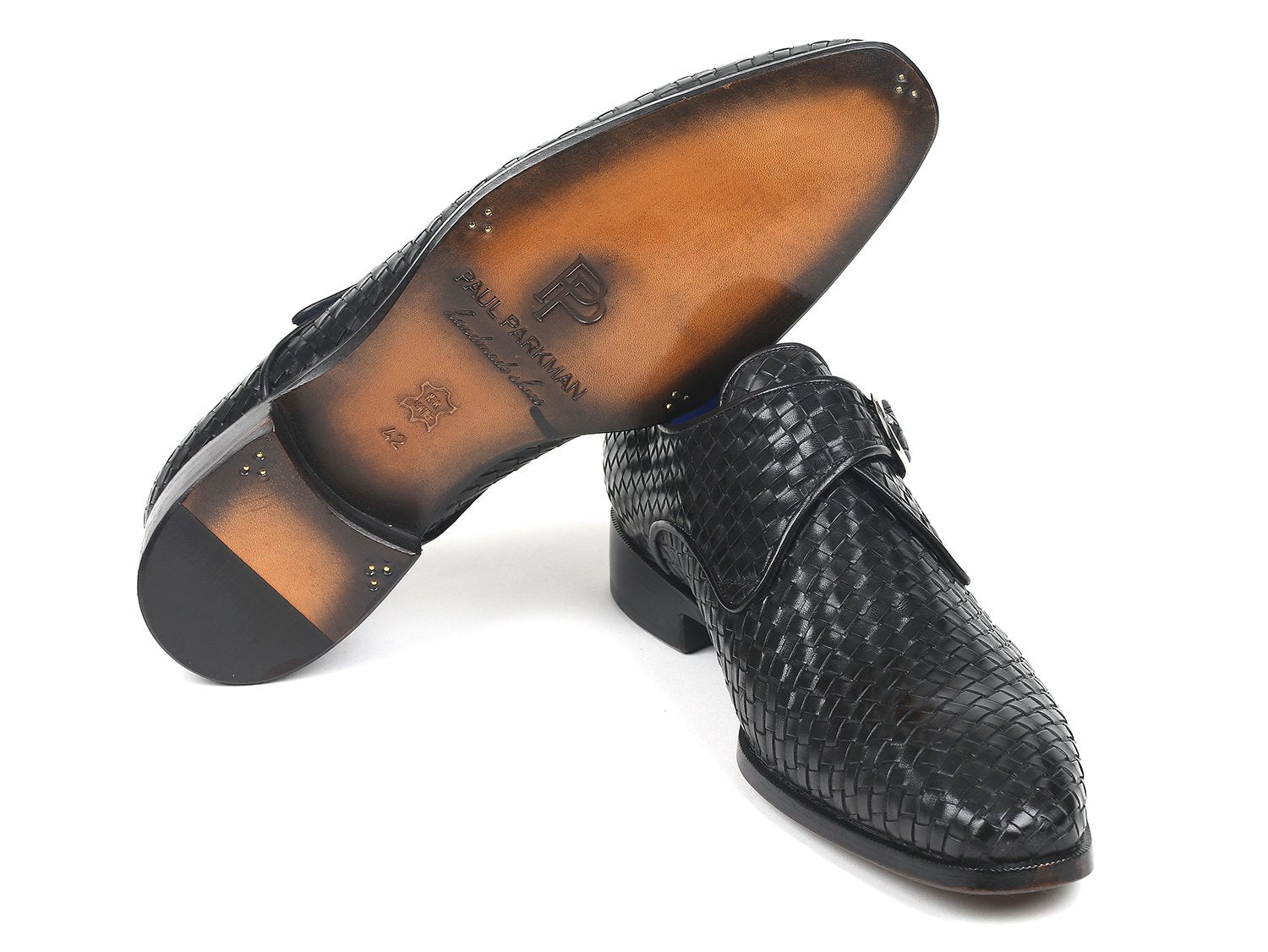 Paul Parkman Black Woven Leather Single Monkstraps (ID