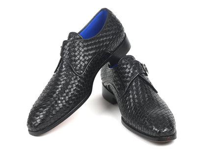 Paul Parkman Black Woven Leather Single Monkstraps (ID